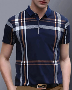 AUSK Checkered Men Polo Neck Dark Blue, White T-Shirt