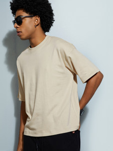 MAX Solid Men Round Neck Beige T-Shirt