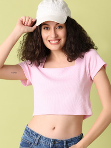 UNLIMITED Solid Women Square Neck Pink T-Shirt