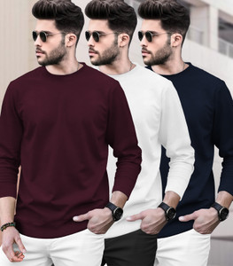 BLIVE Solid Men Round Neck Maroon, White, Navy Blue T-Shirt
