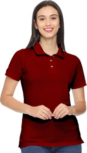 ROARERS Solid Women Polo Neck Maroon T-Shirt