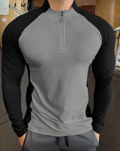 GARBLY Colorblock Men Mandarin Collar Grey, Black T-Shirt