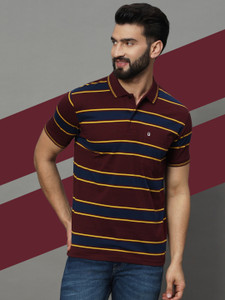 UNIBERRY Striped Men Polo Neck Maroon T-Shirt