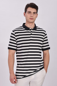 Y.O.U - Youth Original Unique Striped Men Polo Neck Black, White T-Shirt