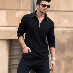 HEA7ENS Self Design Men Zip Neck Black T-Shirt