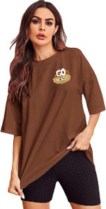 Veirdo Typography Women Round Neck Brown T-Shirt