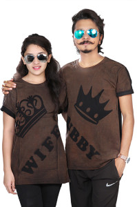 pariferry Printed Couple Round Neck Brown T-Shirt