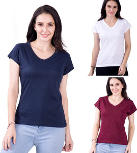 FASHINKS Solid Women V Neck Navy Blue, White, Maroon T-Shirt