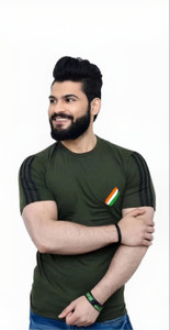 shri radhe Military Camouflage Men Round Neck Dark Green T-Shirt