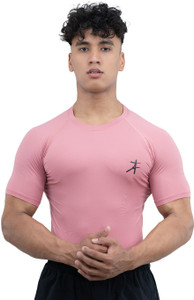 Athflex Solid Men Round Neck Pink T-Shirt