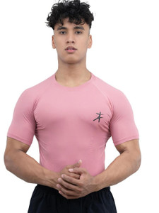 Athflex Solid Men Round Neck Pink T-Shirt