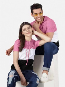 SELVIKE Colorblock Couple Hooded Neck Multicolor T-Shirt