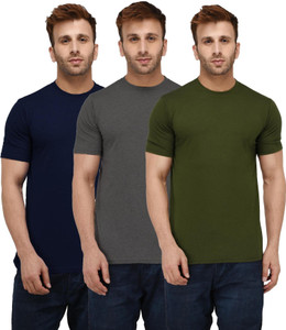 London Hills Solid Men Round Neck Dark Blue, Dark Green, Grey T-Shirt