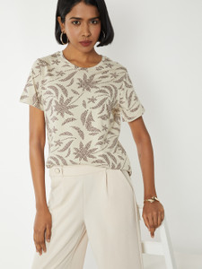 MAX Printed Women Round Neck Beige, White T-Shirt