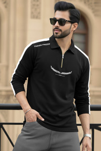 TRIPR Printed Men Polo Neck Black, White T-Shirt