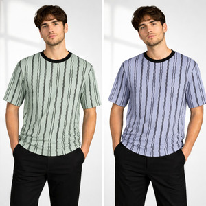 Lyphy Striped Men Round Neck Light Green, Light Blue T-Shirt