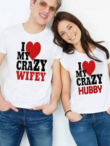 MAVAIGA Printed, Typography Couple Round Neck White T-Shirt