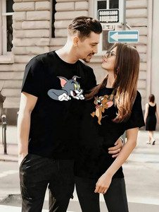 KRYONIX Printed Couple Round Neck Black T-Shirt