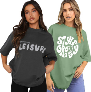 London Hills Printed Women Round Neck Green, Grey T-Shirt