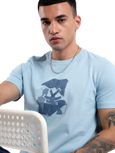 WROGN Solid Men Crew Neck Light Blue T-Shirt