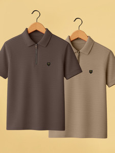Yazole Solid Men Polo Neck Brown, Beige T-Shirt
