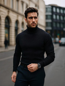 Toura Striped Men High Neck Black T-Shirt