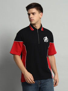 Dattebayo Self Design Men Polo Neck Black T-Shirt