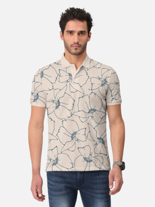 Bullmer Floral Print Men Polo Neck Beige T-Shirt