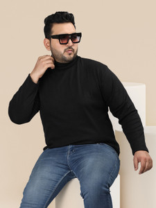 CHKOKKO Solid Men Turtle Neck Black T-Shirt