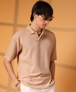 CAMPUS SUTRA Striped Men Polo Neck Beige T-Shirt