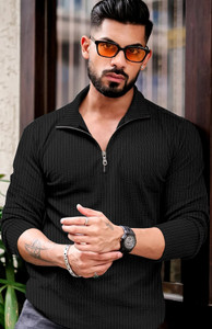 KAJARU Self Design Men Polo Neck Black T-Shirt