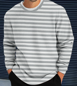 Force Striped Men Round Neck Grey T-Shirt