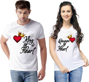 JH MART Printed Couple Round Neck White T-Shirt