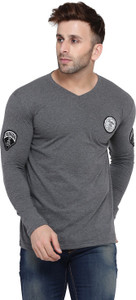 GEUM Solid Men V Neck Grey T-Shirt