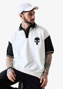 Dattebayo Self Design Men Polo Neck White, Black T-Shirt