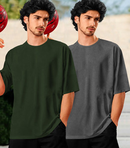 TRIPR Solid Men Round Neck Dark Green, Grey T-Shirt