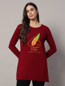 AD FASHION Printed Women Round Neck Maroon T-Shirt