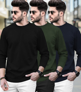 BLIVE Solid Men Round Neck Black, Dark Green, Navy Blue T-Shirt