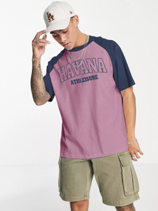 Jump Cuts Typography Men Round Neck Pink, Navy Blue T-Shirt