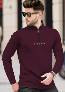 TRIPR Solid Men Henley Neck Maroon T-Shirt