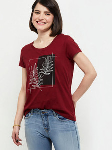 MAX Printed Women Round Neck Maroon T-Shirt