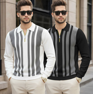 TRIPR Printed Men Polo Neck White, Grey, Black T-Shirt