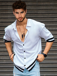 LEWEL Striped, Solid Men V Neck White T-Shirt