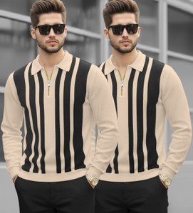 TRIPR Printed Men Polo Neck Beige, Black T-Shirt