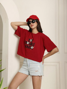 TOM AND JERRY by DreamBe Printed, Typography, Cartoon Women Round Neck Red T-Shirt