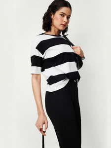 MAX Striped Women Round Neck Black T-Shirt