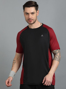 Adrenex Colorblock Men Round Neck Black, Maroon T-Shirt