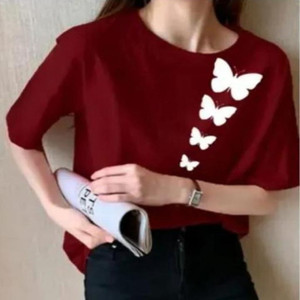 TARSHI Printed Women Round Neck Maroon T-Shirt