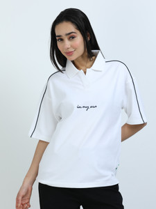 Glitchez Embroidered Women Polo Neck White T-Shirt