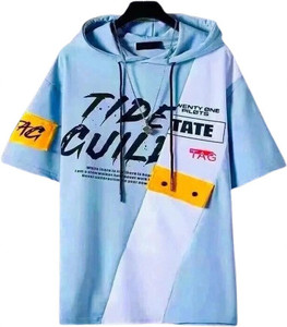 CT Fashion Printed Men Hooded Neck Light Blue T-Shirt